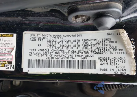 2004 Toyota 4Runner Sr5 Sport V8 z USA, uszkodzony, nr VIN JTEBT14R340031694